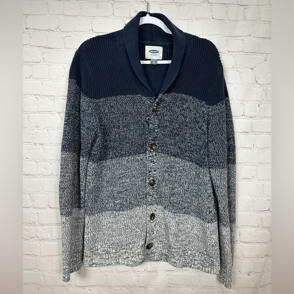 Old Navy Mens blue Colorblock Button Up Cardigan Sweater Cotton Grandpa sz L GUC